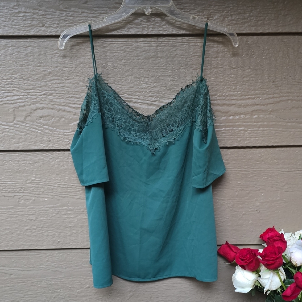 NY&CO Green Lace Trim Cold Shoulder Crepe Blouse XL